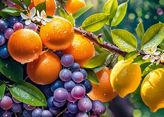 Image of fresh wet fruits haning on a branch, lit by the sun