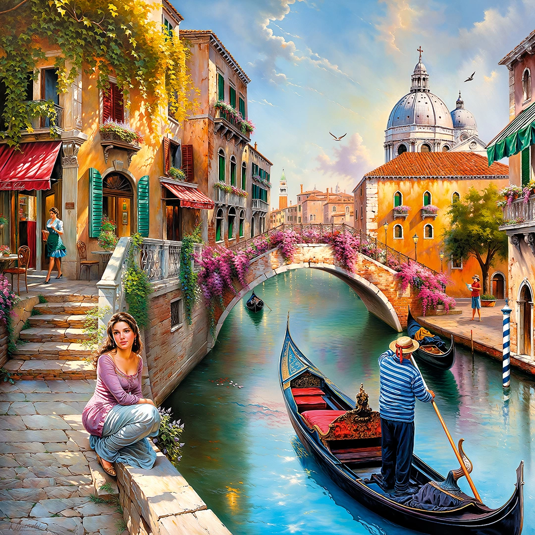 Canal in venice near elegant plaza and old town buildings. Gondolier on a gondla big picture