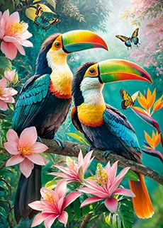 Pair of tucans sitting on a branch in a jungle, exotic flowers around