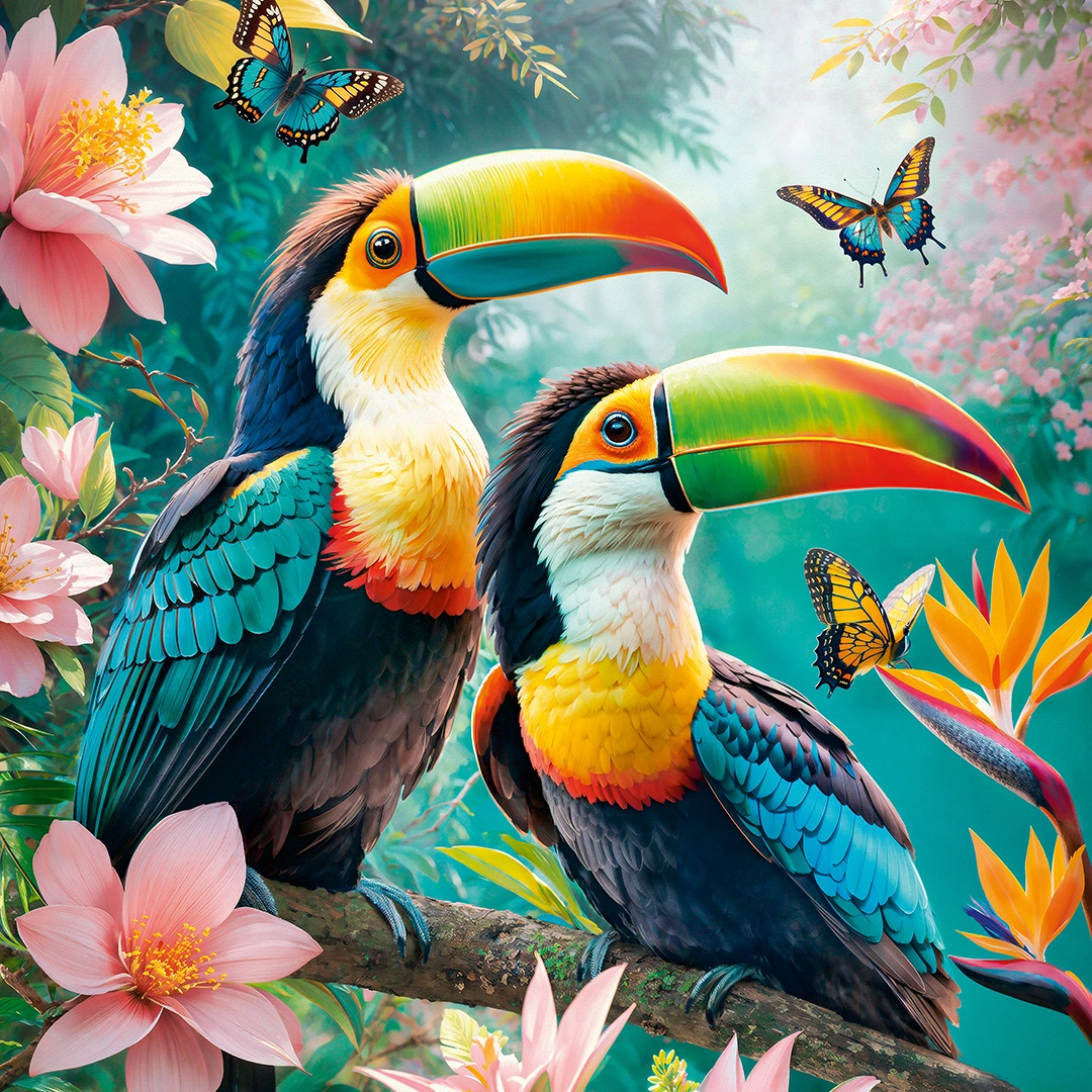 Pair of tucans sitting on a branch in a jungle, exotic flowers around big picture
