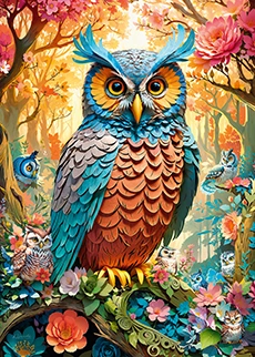 illustration on an owl, surrounded by glowing forest and small owls