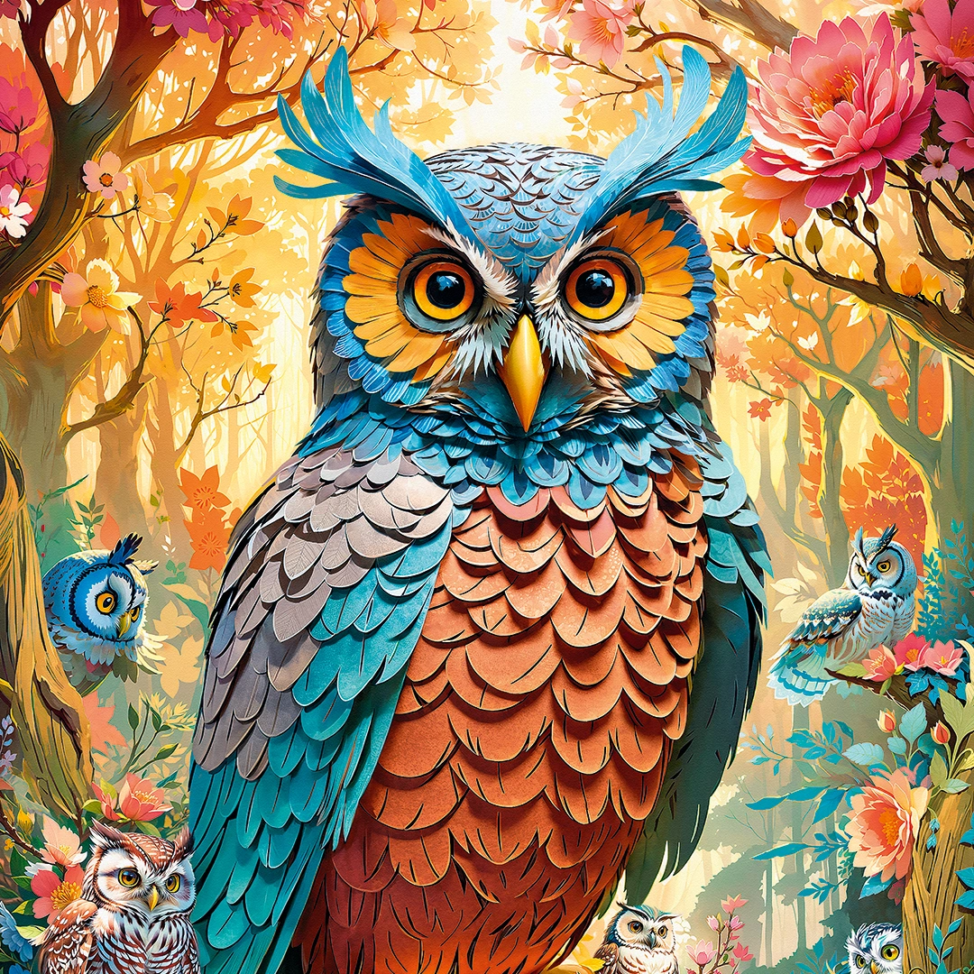 illustration on an owl, surrounded by glowing forest and small owls big picture