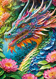 Image of dragon made out of leaves and flowers
