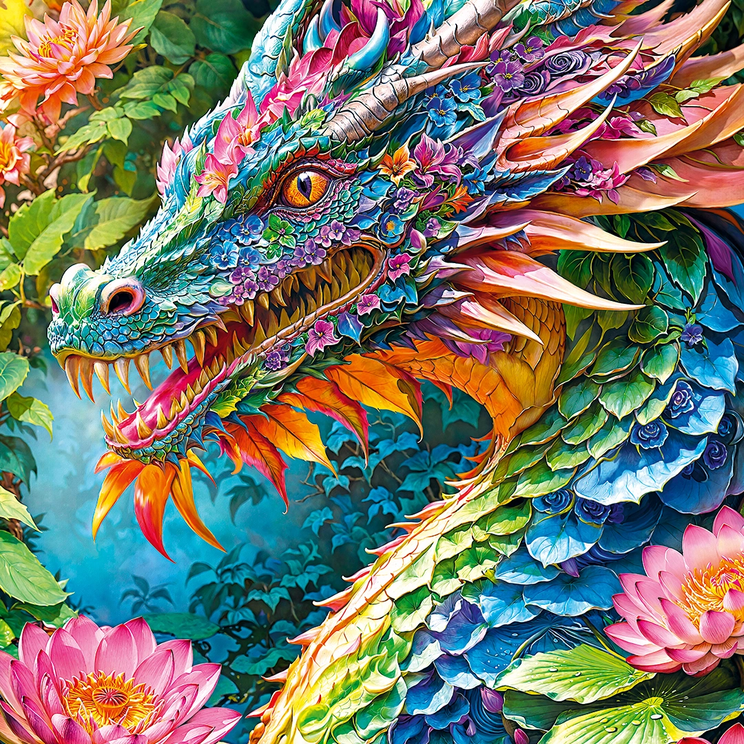 Image of dragon made out of leaves and flowers big picture