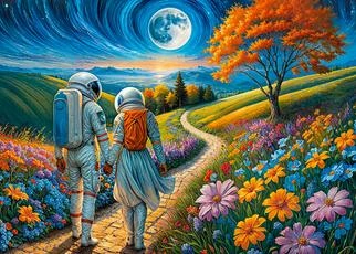 An image of a couple of astronauts walking through the meadow towards moon