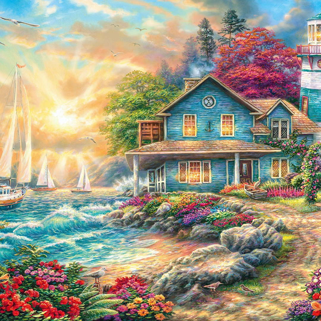 Cottage by the sea. Sail ships floating in distance big picture