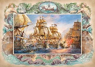 A Painting of multiple grand sailships, having battle