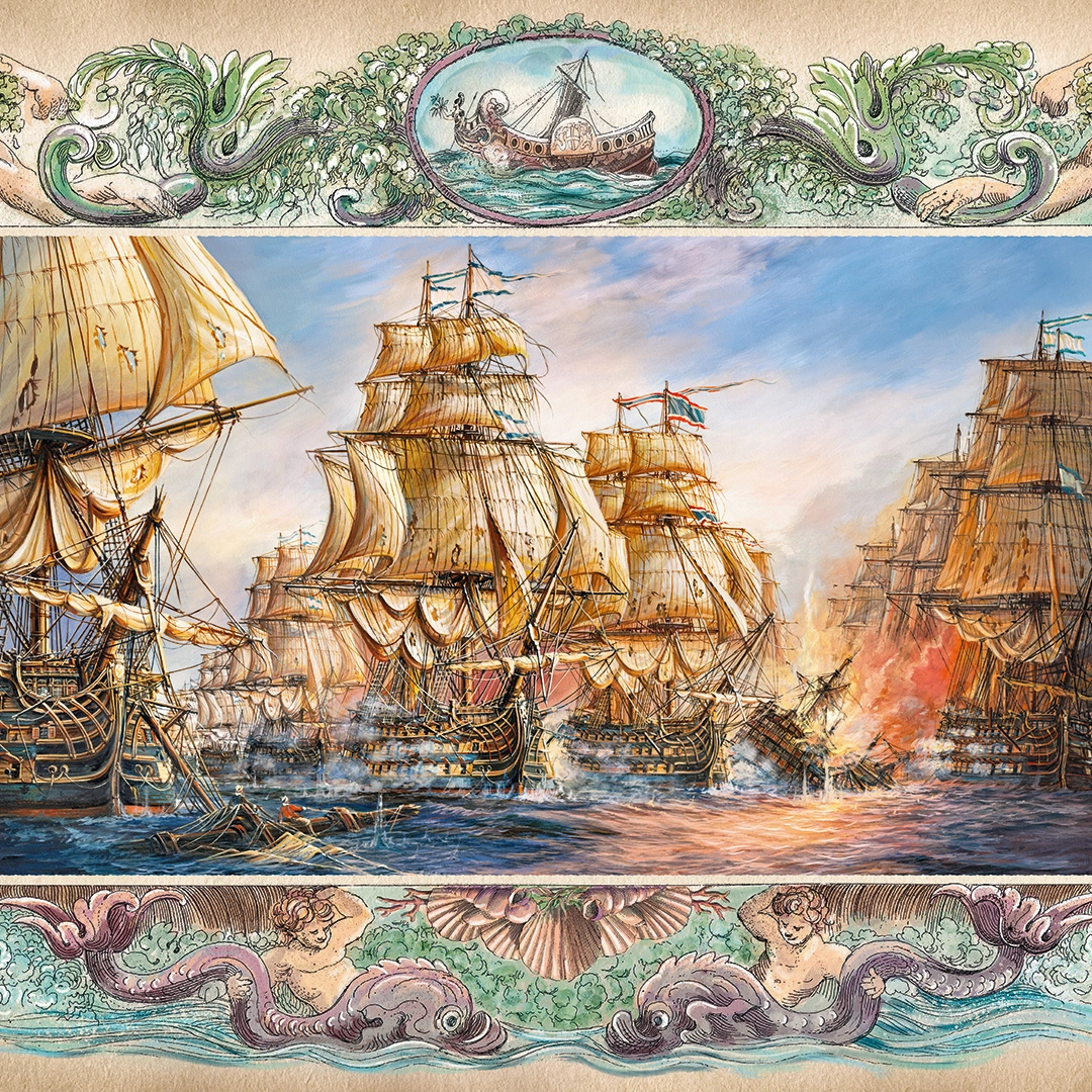 A Painting of multiple grand sailships, having battle big picture