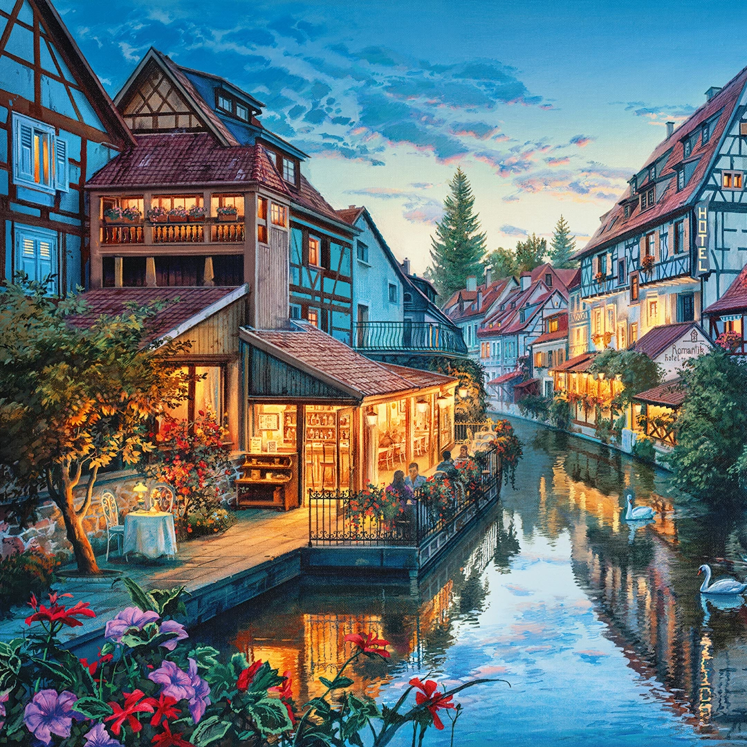 Evening at the village, brighten by warm lights. Calm water flows near buildings. big picture