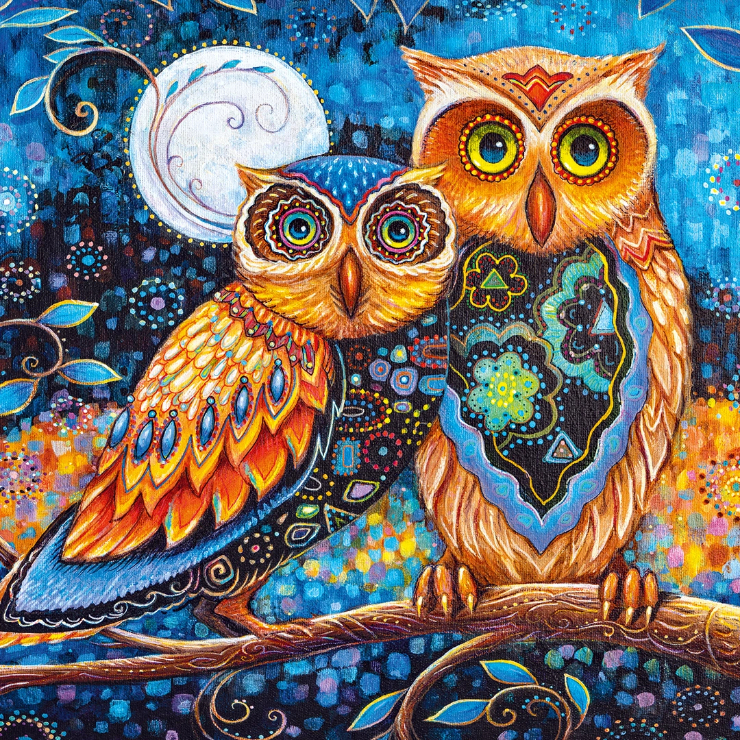 Two owls cuddled up on a tree branch, with full moon behind big picture