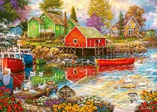 Seaside village with simple, colorful homes