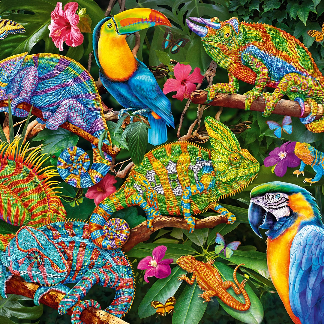 Lizards, Parrot and a Tucan in a thick green leaves big picture