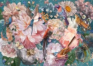 pastel color pattern of flowers and birds